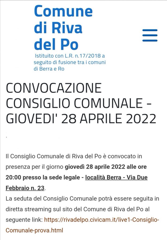 Berra Convocazione Del Consiglio Comunale Giovedi Aprile