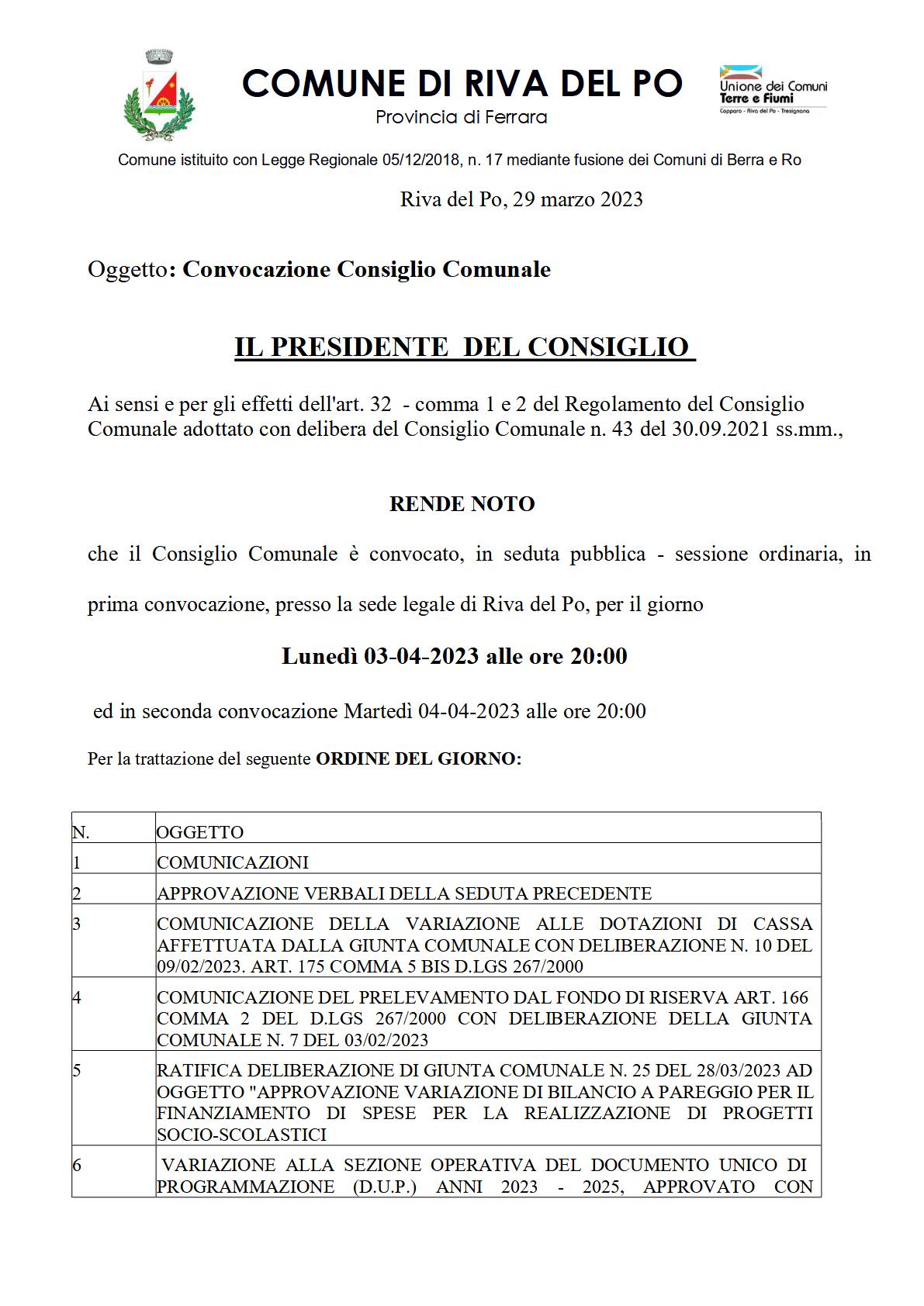 Riva Del Po Convocazione Del Consiglio Comunale Lunedi Aprile