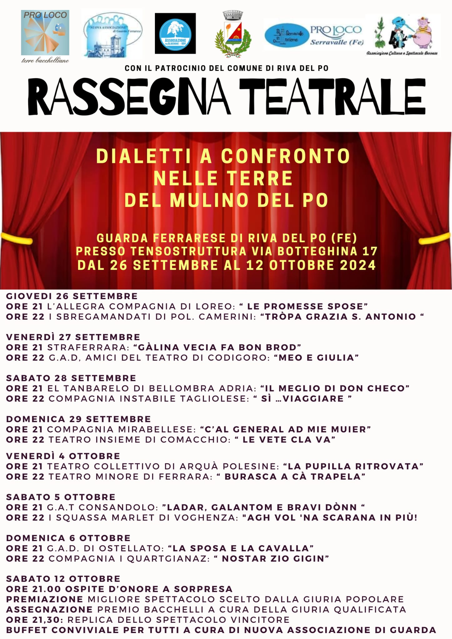 4TH EVENING OF THE EVENT THAT COMPARES DIALECT COMPANIES IN THEIR RESPECTIVE DIALECTS – THIS EVENING THE MIRABELLESE COMPANY AND THE THEATER TOGETHER OF COMACCHIO – HAVE FUN – Serravalle -Web – Riva del Po